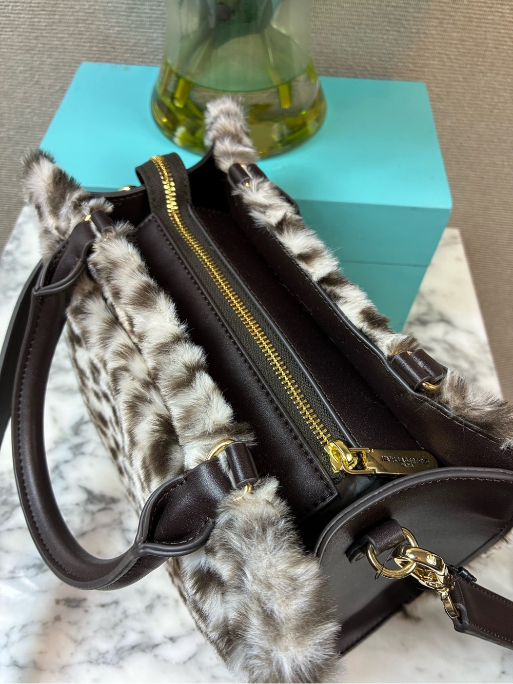 Karl Lagerfeld Snow Leopard Faux Fur & Brown Leather Satchel Bag - NWOT - Picture 6 of 9